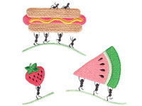 Ants Love Working On Foods : Hotdog, Strawberry, Watermelon | Free Cuisine Embroidery Designs #135