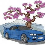 Blue Car Flowers Free Embroidery Design