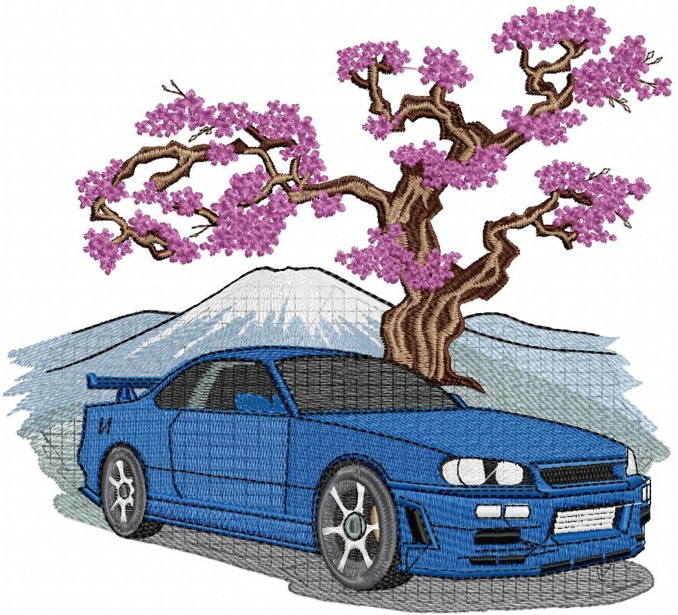Blue Car Flowers Free Embroidery Design