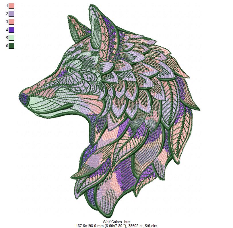 Wolf Colorful Leaves Embroidery Free Digital File