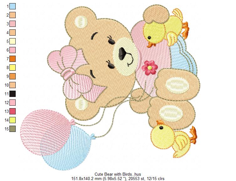 Cute Bear with Birds Free Embroidery Design