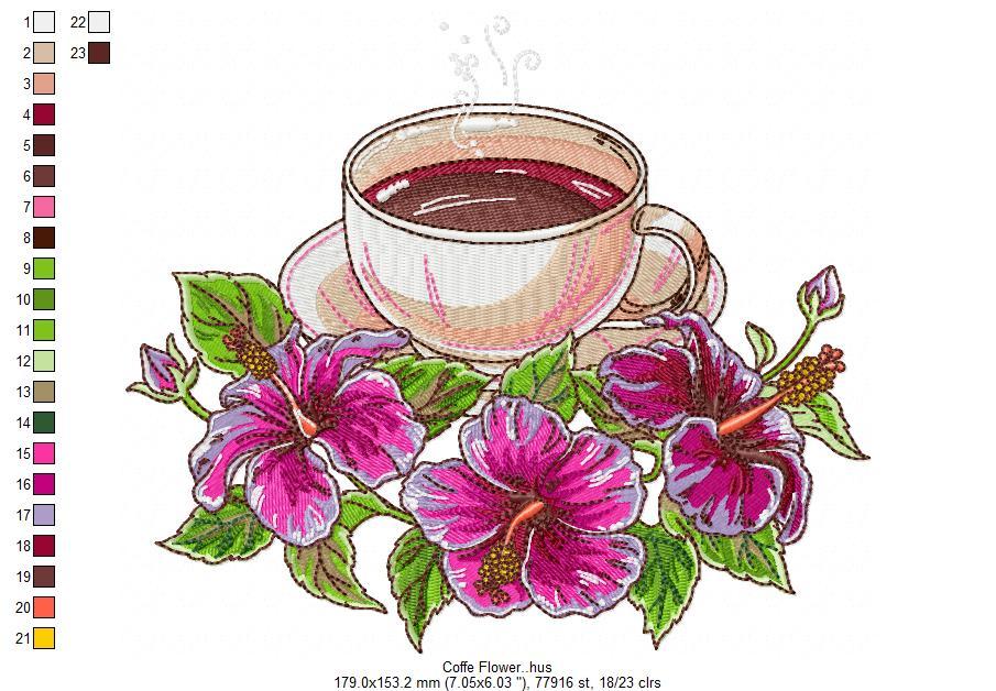 Coffee with Nice Flowers Embroidery Design