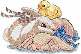 Bunny Sleeping and Bird Embroidery Design