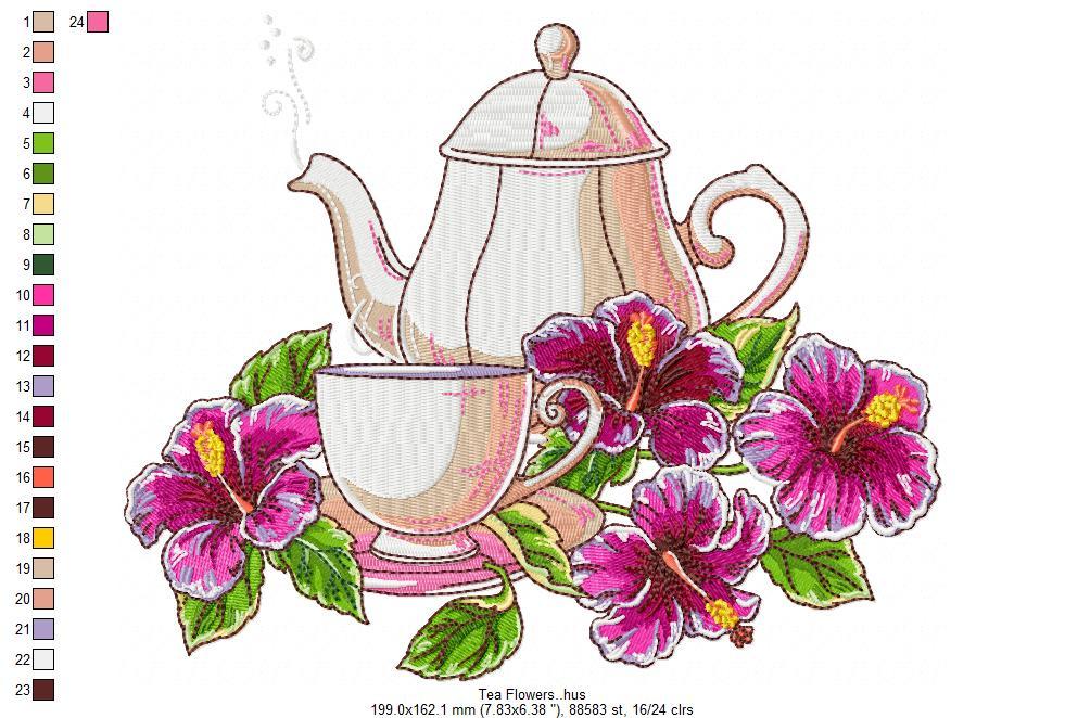 Tea with Nice Flowers Embroidery Design