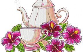 Tea with Nice Flowers Embroidery Design