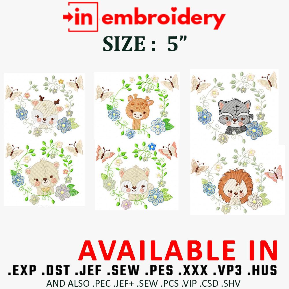 Safari Animals and Flowers Embroidery Design