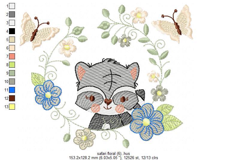 Safari Animals and Flowers Embroidery Design