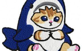 Cute Cat Wearing Blue Baby Shark Costume Embroidery Design
