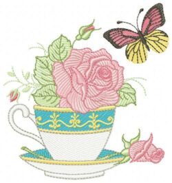 Coffee Cup Pink Flower Butterfly Free Embroidery Design
