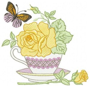 Coffee Cup Yellow Flower Butterfly Free Embroidery Design