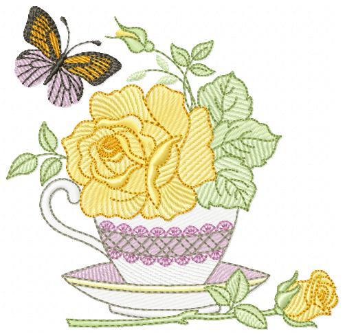 Coffee Cup Yellow Flower Butterfly Free Embroidery Design