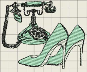 Ancient phone and high heels Vintage Embroidery Design