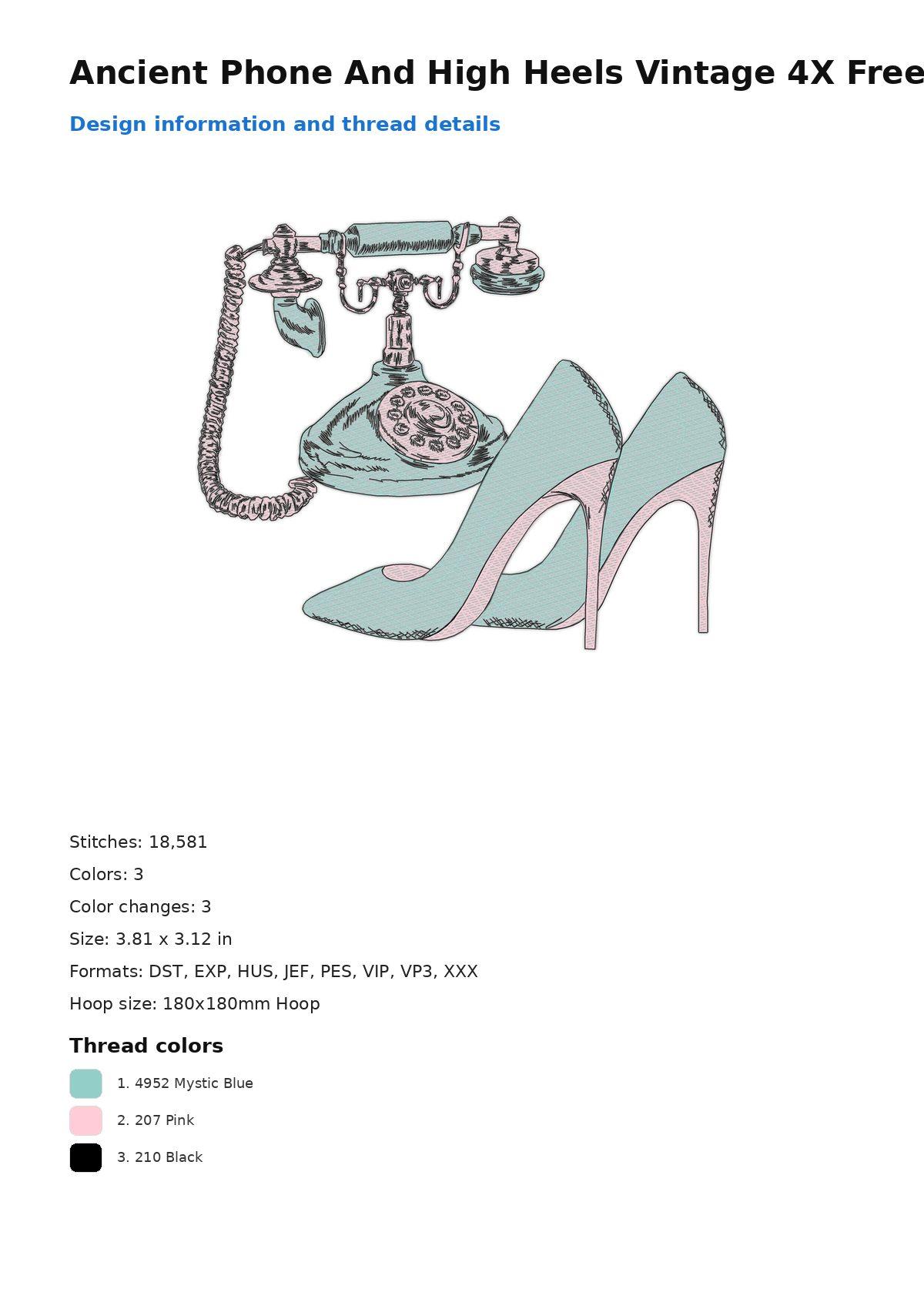 Ancient Phone And High Heels Vintage 4X Free free machine embroidery design — 3.81×3.12 in — 18,581 stitches — 3 colors — DST, EXP, HUS, JEF, PEC