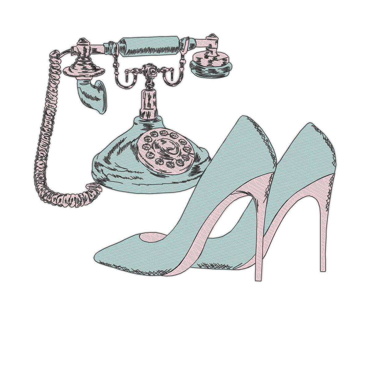 Ancient Phone And High Heels Vintage 4X Free free machine embroidery design — 3.81×3.12 in — 18,581 stitches — 3 colors — DST, EXP, HUS, JEF, PEC