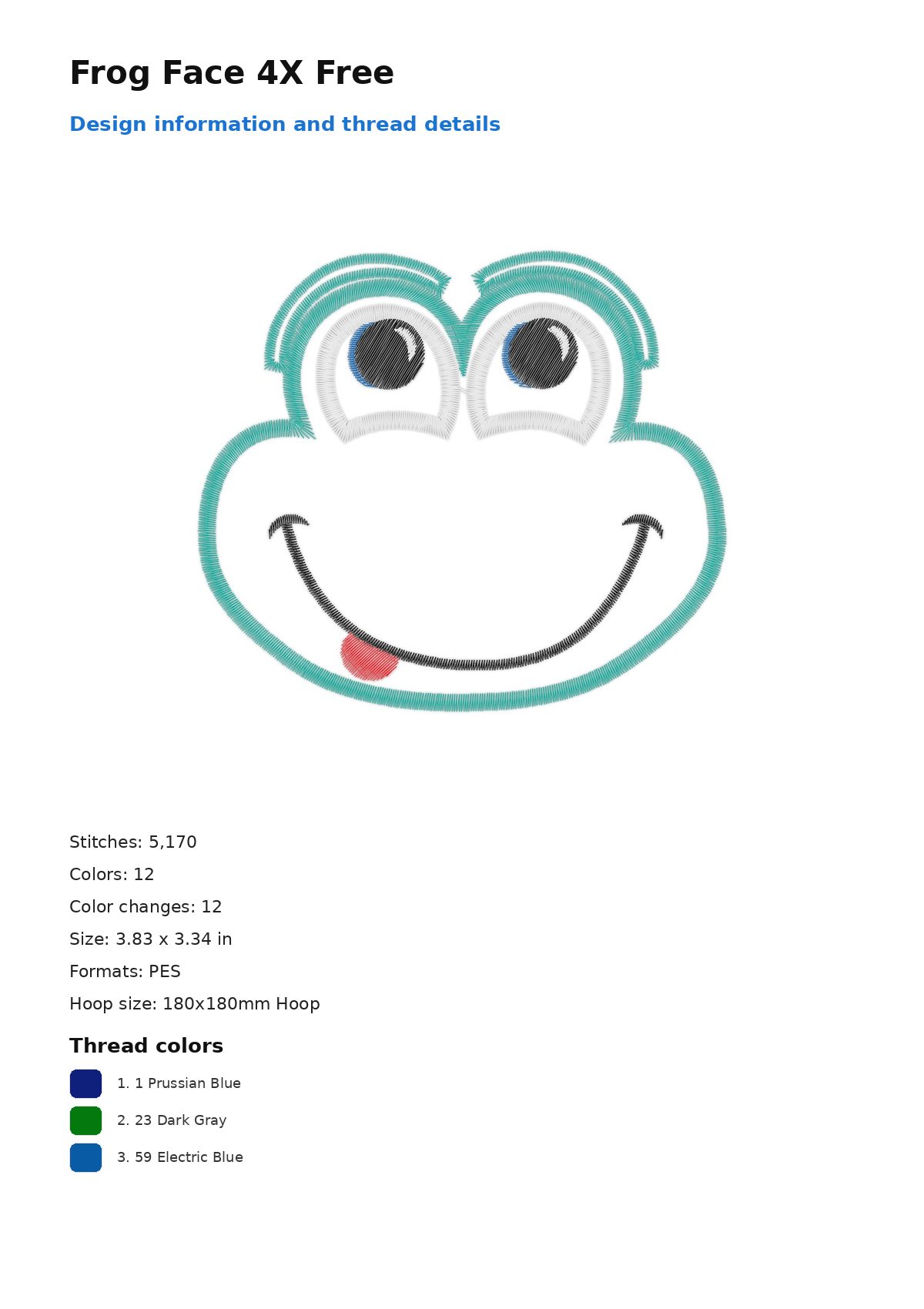 Frog Face 4X Free free machine embroidery design — 3.83×3.34 in — 5,170 stitches — 12 colors — DST, EXP, JEF, PEC, PES