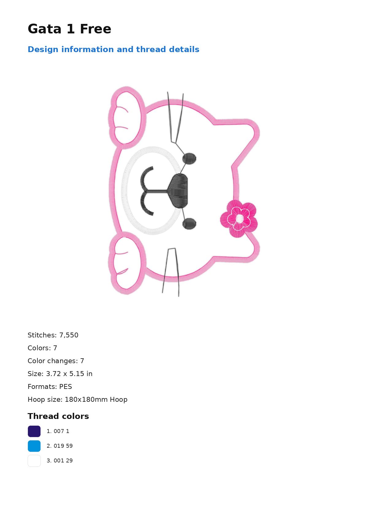 Gata 1 Free free machine embroidery design — 3.72×5.15 in — 7,550 stitches — 7 colors — DST, EXP, JEF, PEC, PES
