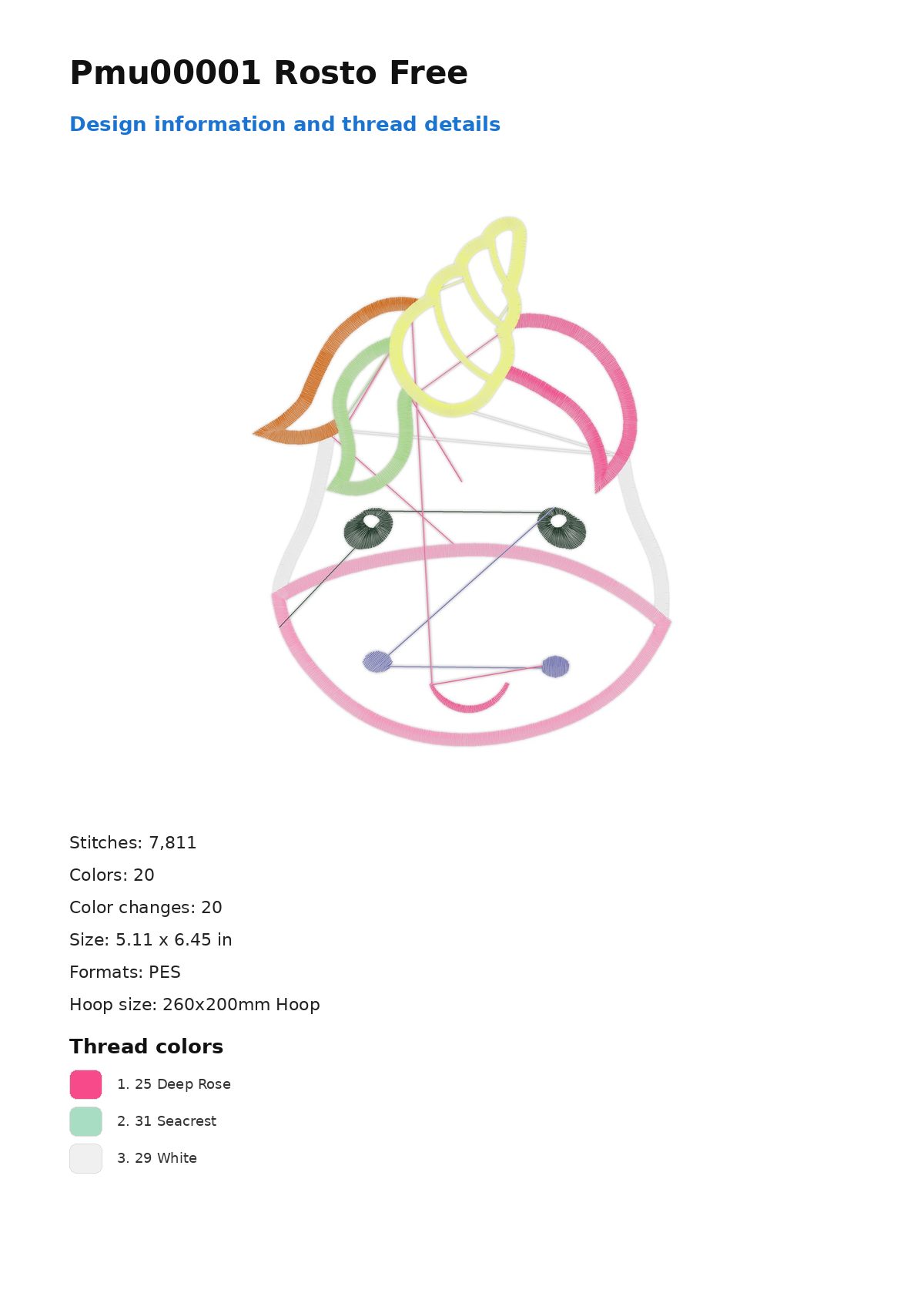 Pmu00001 Rosto Free free machine embroidery design — 5.11×6.45 in — 7,811 stitches — 20 colors — DST, EXP, JEF, PEC, PES