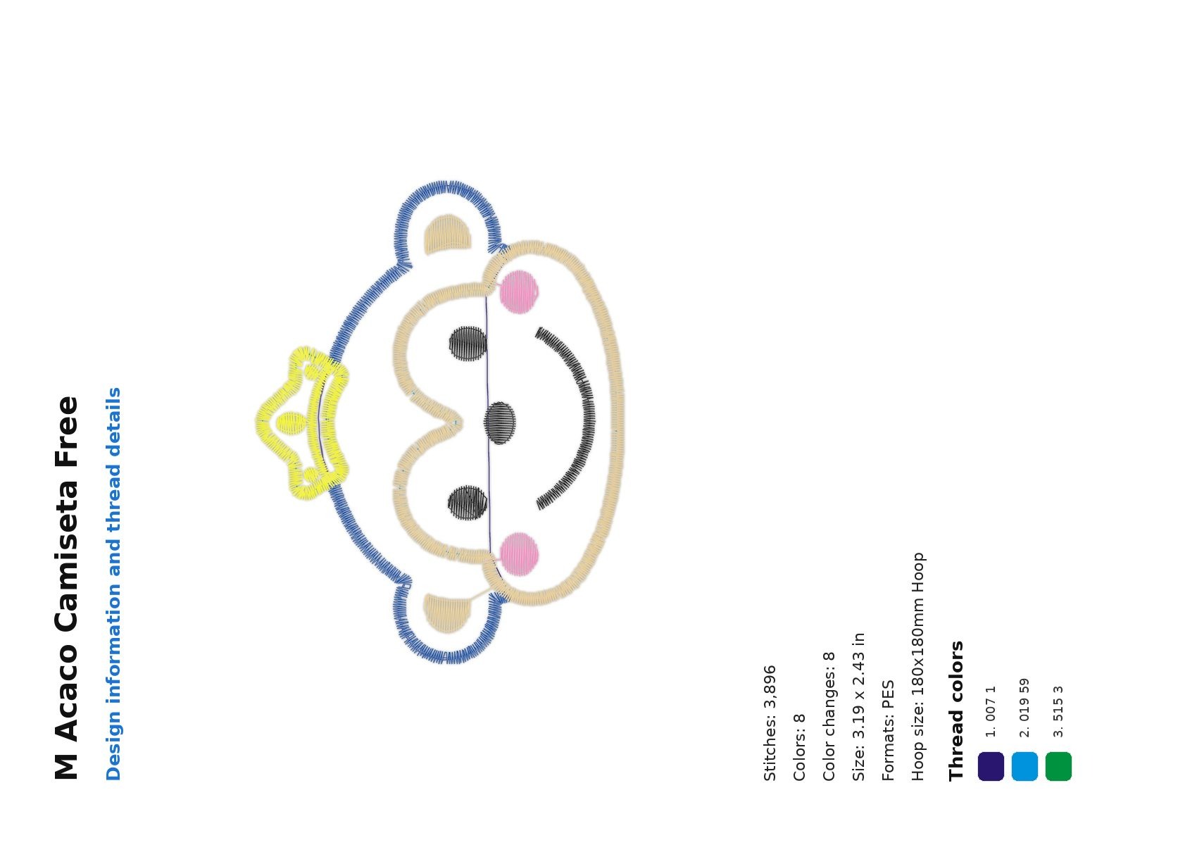 M Acaco Camiseta Free free machine embroidery design — 3.19×2.43 in — 3,896 stitches — 8 colors — DST, EXP, JEF, PEC, PES