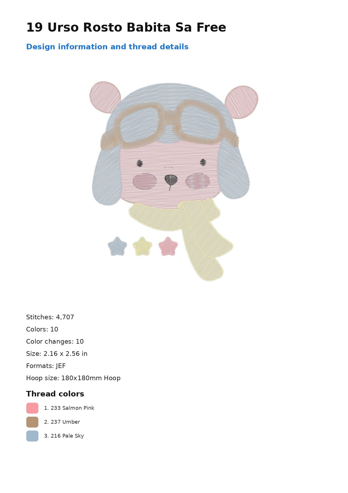 19 Urso Rosto Babita Sa Free free machine embroidery design — 2.16×2.56 in — 4,707 stitches — 10 colors — DST, EXP, JEF, PEC, PES