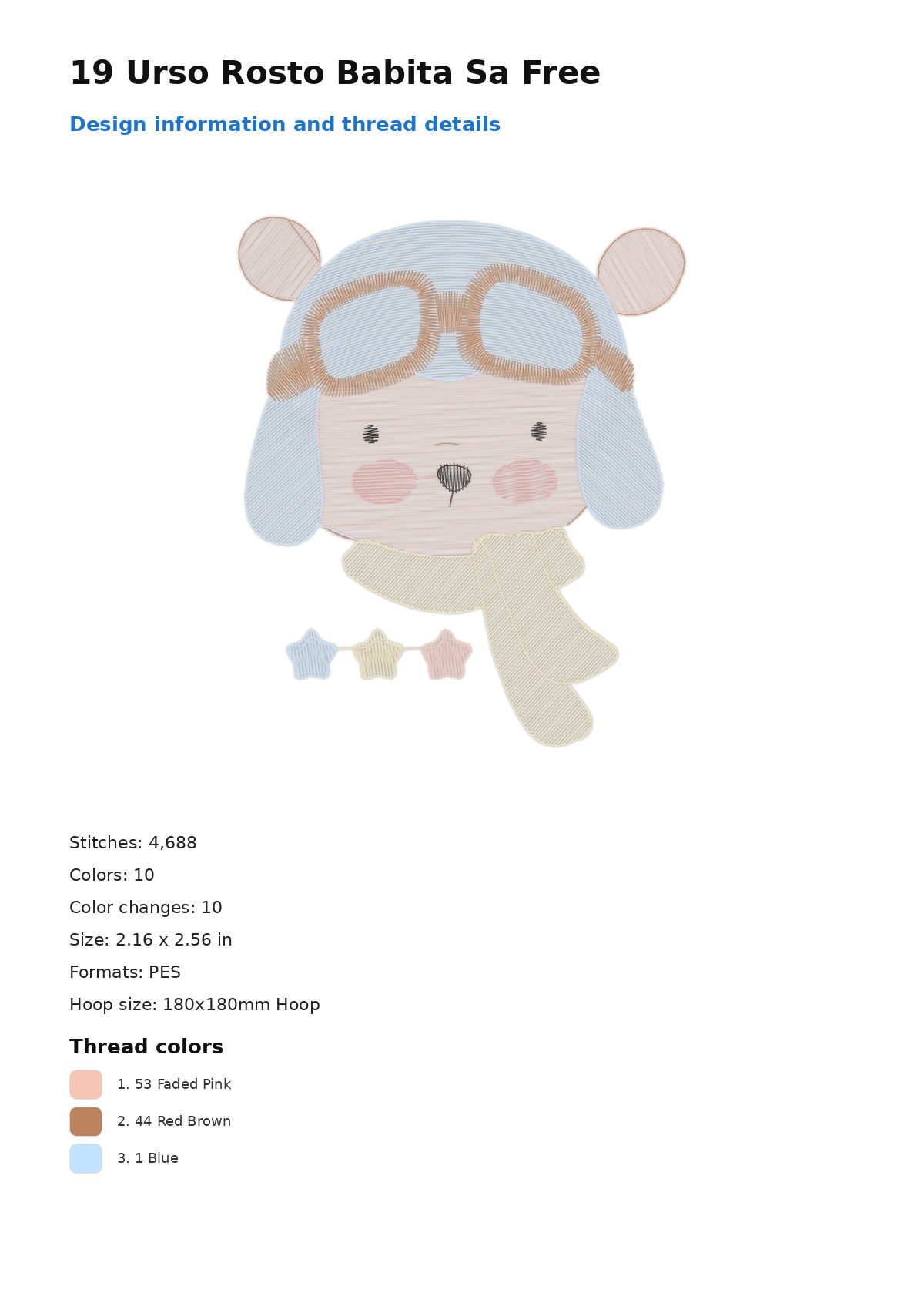 19 Urso Rosto Babita Sa Free free machine embroidery design — 2.16×2.56 in — 4,688 stitches — 10 colors — DST, EXP, JEF, PEC, PES