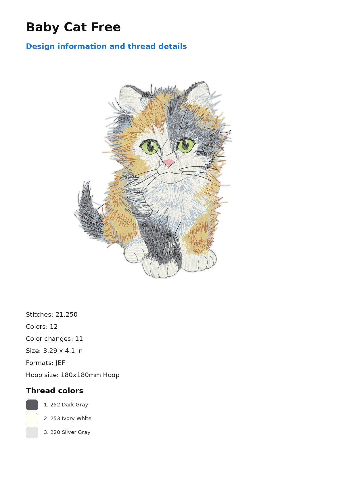 Baby Cat Free free machine embroidery design — 3.29×4.1 in — 21,250 stitches — 12 colors — DST, EXP, JEF, PEC, PES