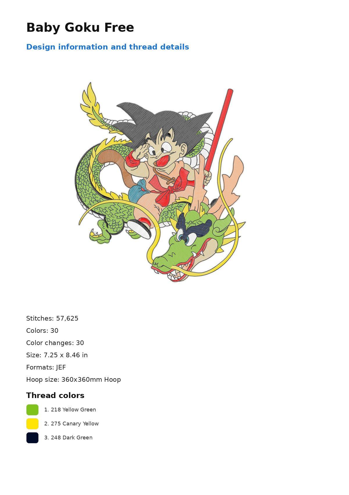 Baby Goku Free free machine embroidery design — 7.25×8.46 in — 57,625 stitches — 30 colors — DST, EXP, JEF, PEC, PES
