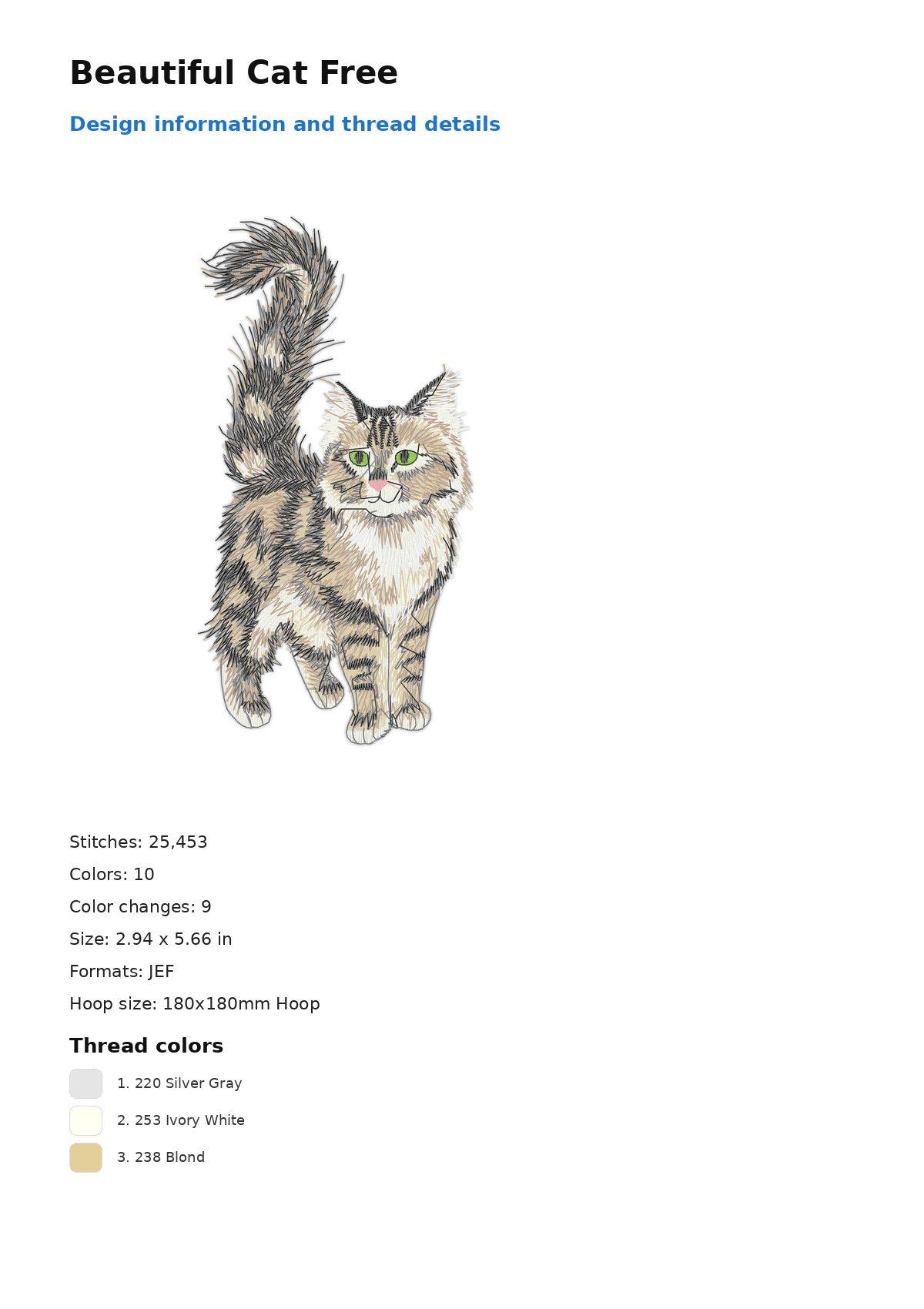 Beautiful Cat Free free machine embroidery design — 2.94×5.66 in — 25,453 stitches — 10 colors — DST, EXP, JEF, PEC, PES
