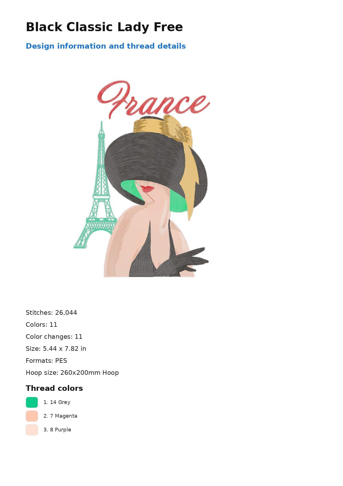 Black Classic Lady Free free machine embroidery design — 5.44×7.82 in — 26,044 stitches — 11 colors — DST, EXP, JEF, PEC, PES