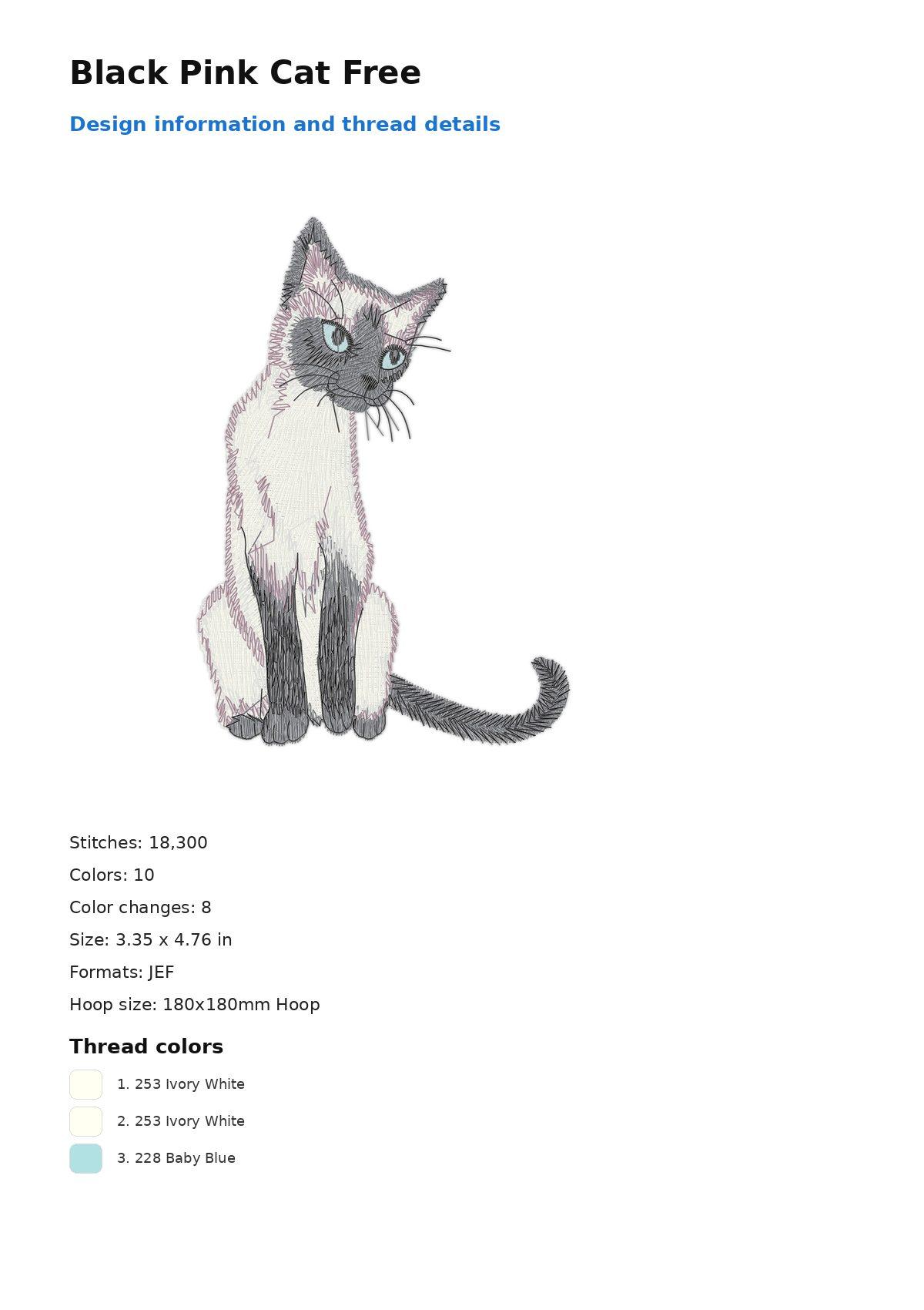 Black Pink Cat Free free machine embroidery design — 3.35×4.76 in — 18,300 stitches — 10 colors — DST, EXP, JEF, PEC, PES