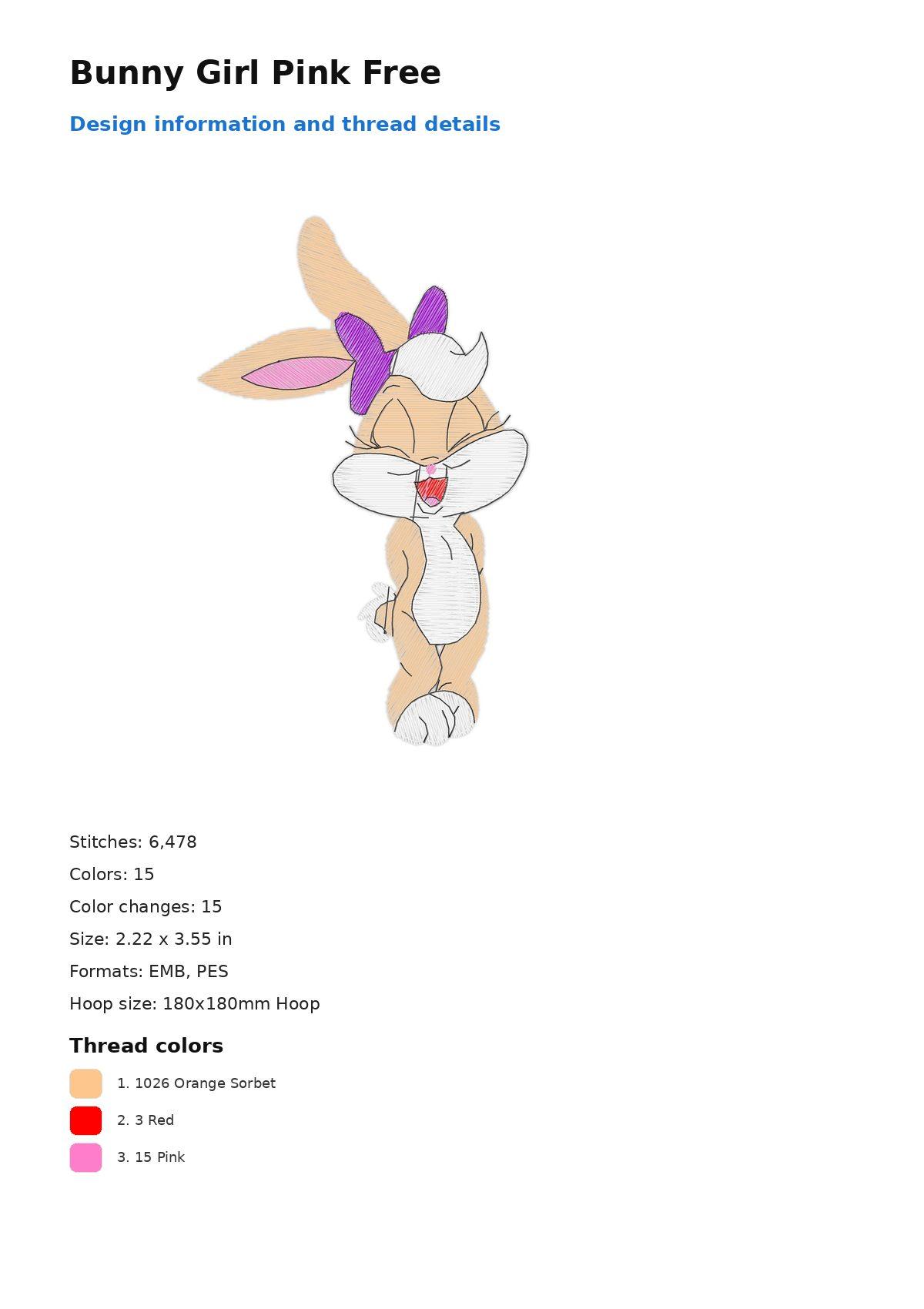Bunny Girl Pink Free free machine embroidery design — 2.22×3.55 in — 6,478 stitches — 15 colors — DST, EMB, EXP, JEF, PEC