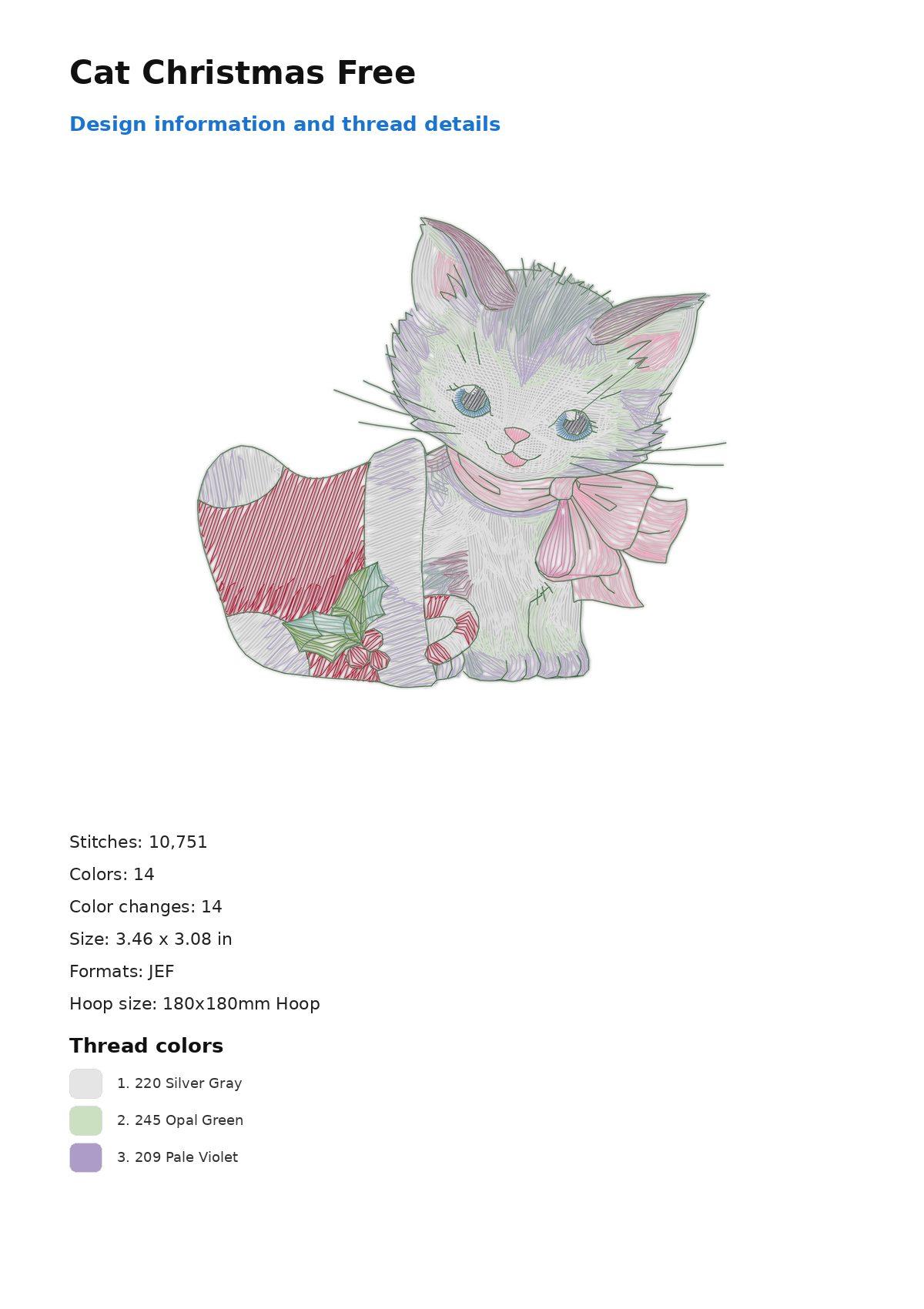 Cat Christmas Free free machine embroidery design — 3.46×3.08 in — 10,751 stitches — 14 colors — DST, EXP, JEF, PEC, PES