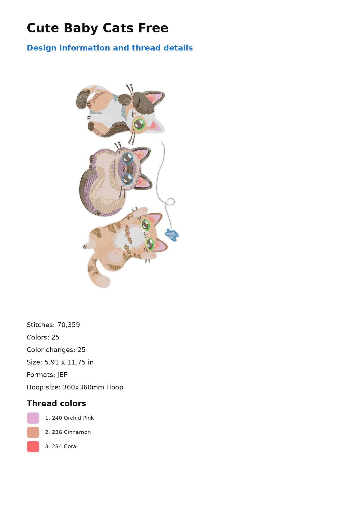 Cute Baby Cats Free free machine embroidery design — 5.91×11.75 in — 70,359 stitches — 25 colors — DST, EXP, JEF, PEC, PES