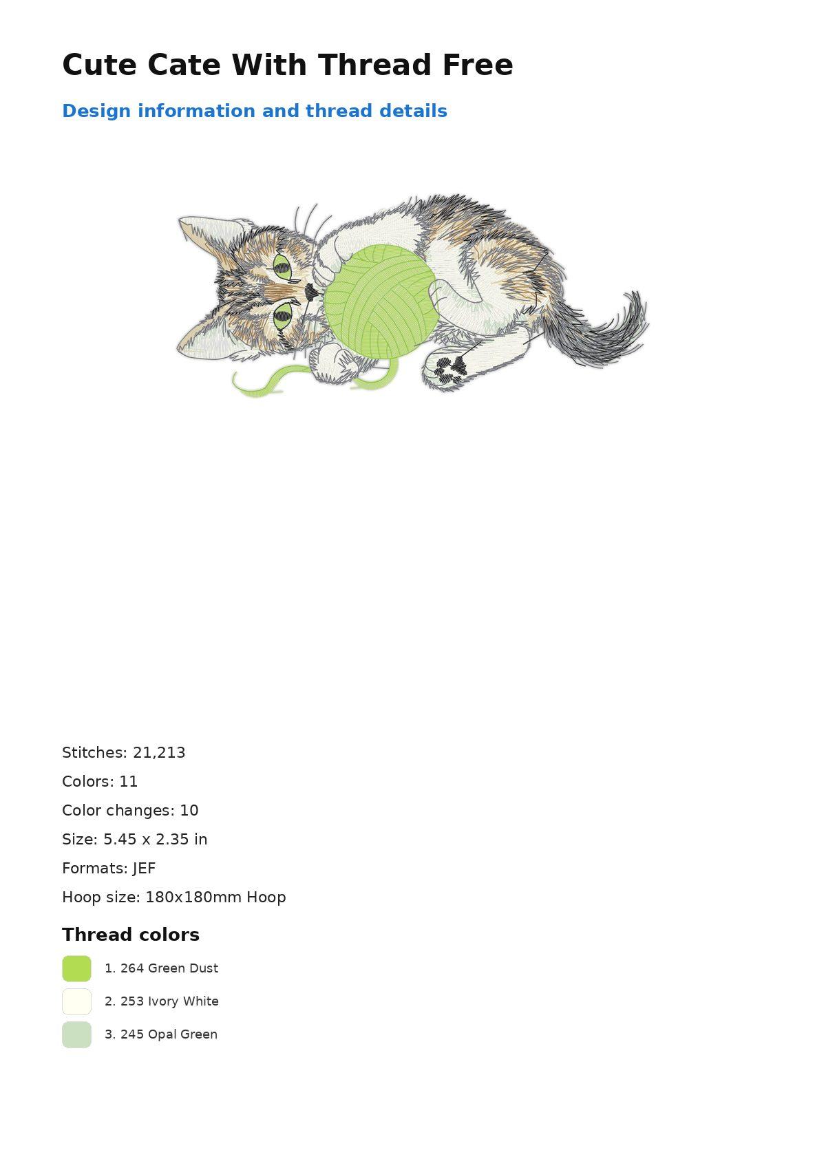 Cute Cate With Thread Free free machine embroidery design — 5.45×2.35 in — 21,213 stitches — 11 colors — DST, EXP, JEF, PEC, PES