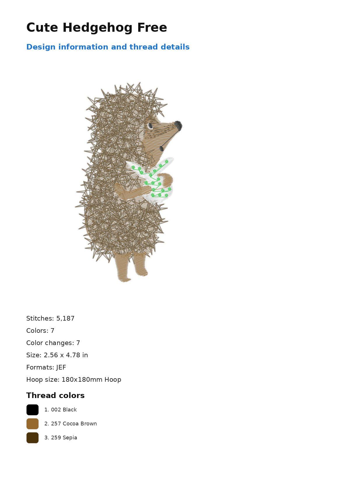 Cute Hedgehog Free free machine embroidery design — 2.56×4.78 in — 5,187 stitches — 7 colors — DST, EXP, JEF, PEC, PES