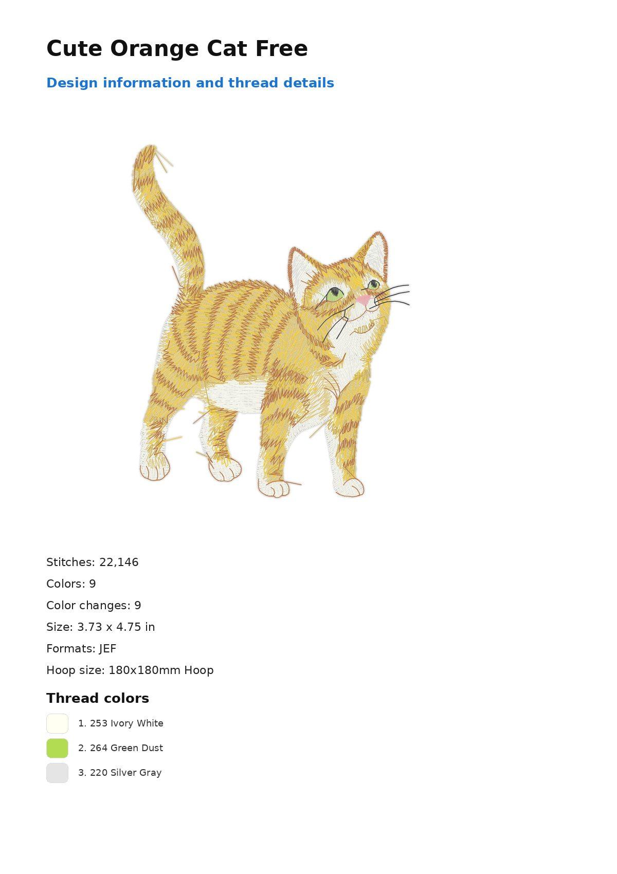 Cute Orange Cat Free free machine embroidery design — 3.73×4.75 in — 22,146 stitches — 9 colors — DST, EXP, JEF, PEC, PES