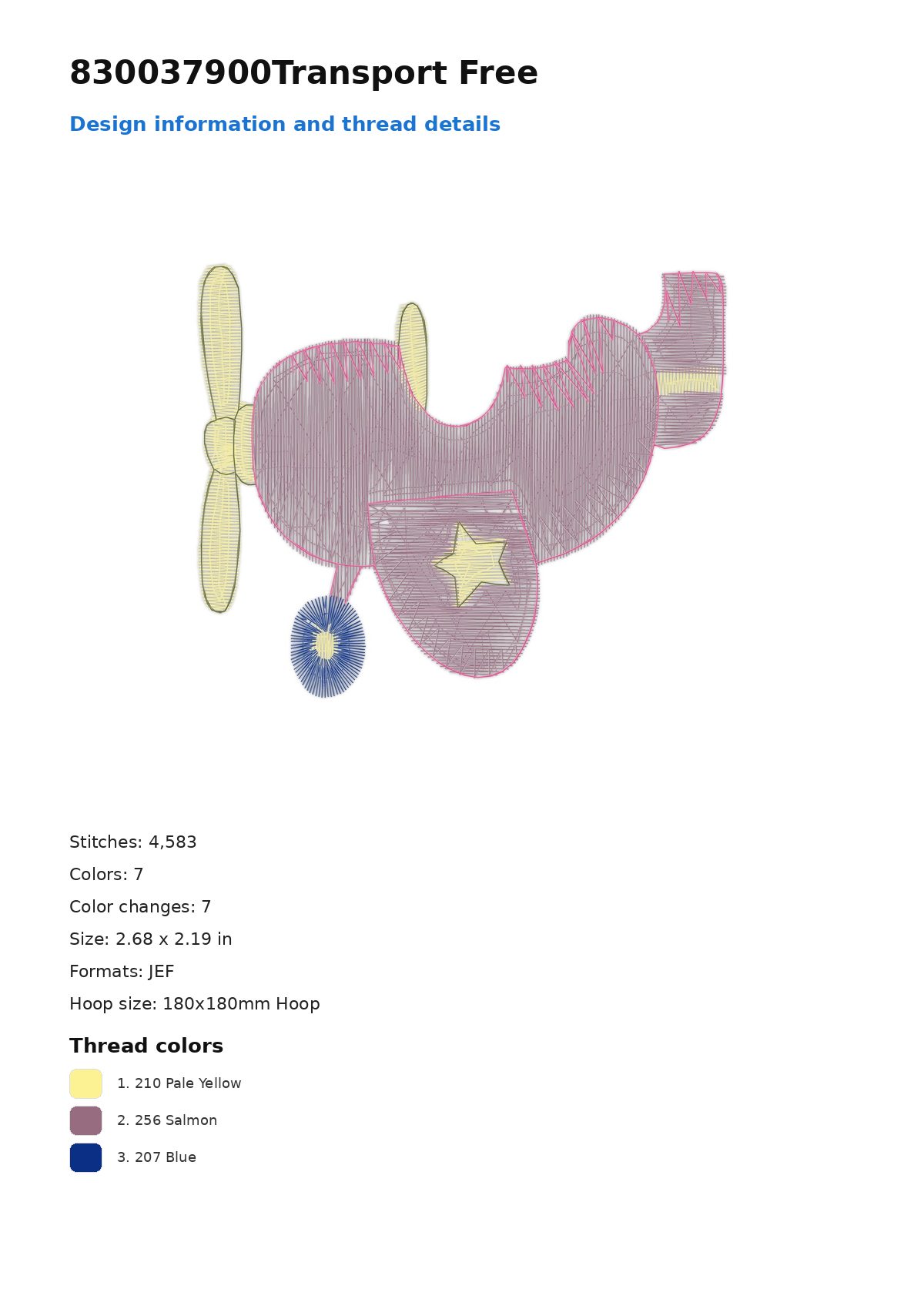830037900Transport Free free machine embroidery design — 2.68×2.19 in — 4,583 stitches — 7 colors — DST, EXP, JEF, PEC, PES