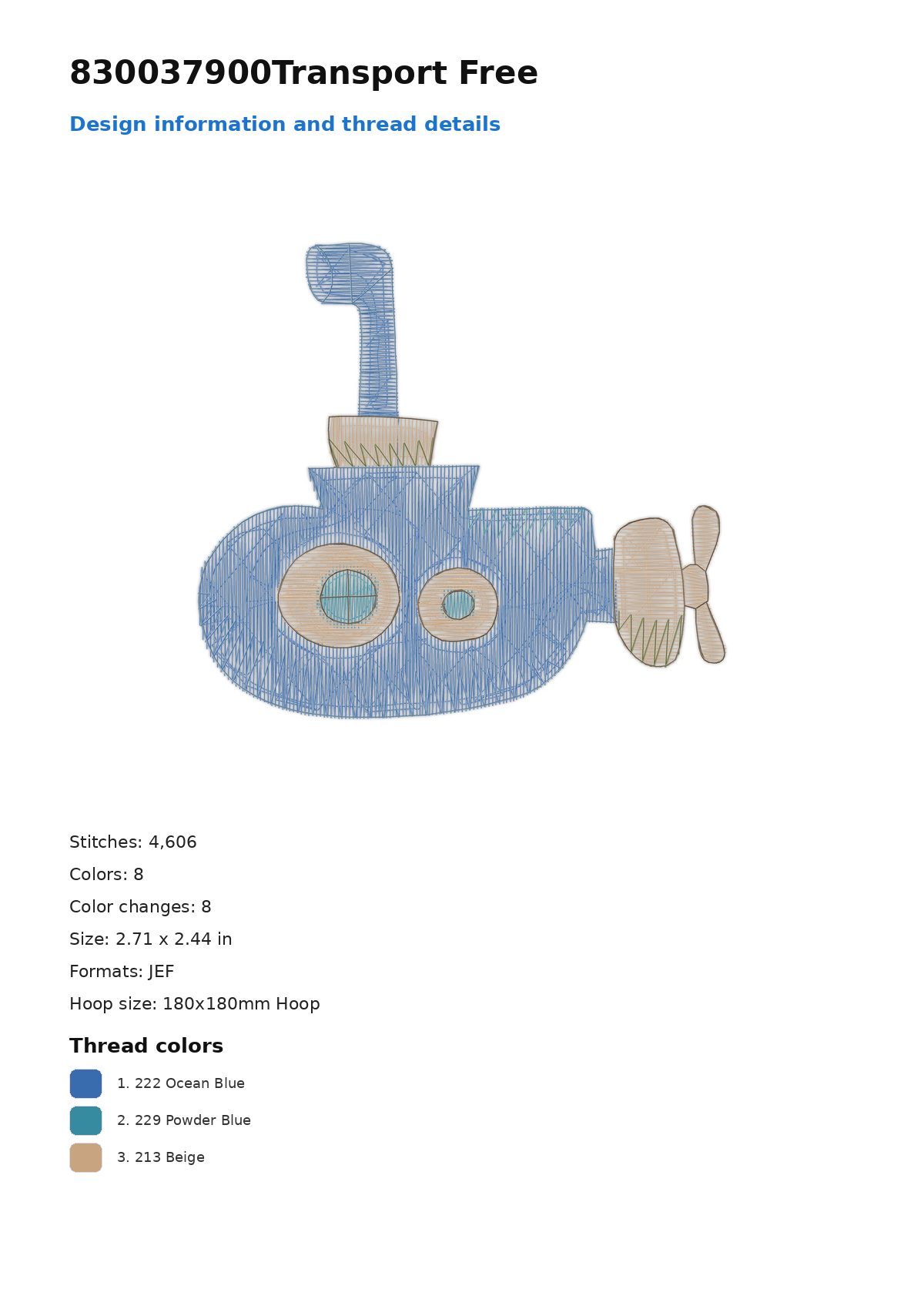 830037900Transport Free free machine embroidery design — 2.71×2.44 in — 4,606 stitches — 8 colors — DST, EXP, JEF, PEC, PES