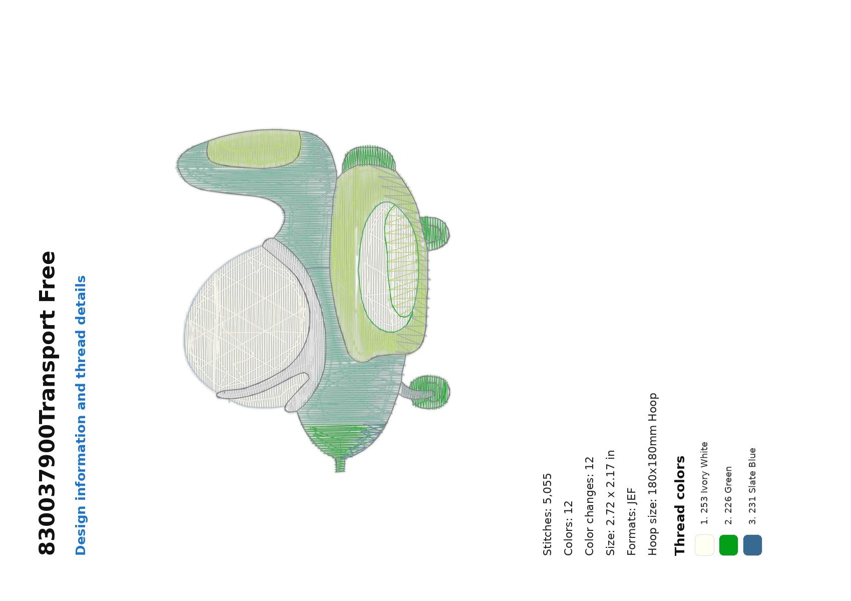 830037900Transport Free free machine embroidery design — 2.72×2.17 in — 5,055 stitches — 12 colors — DST, EXP, JEF, PEC, PES