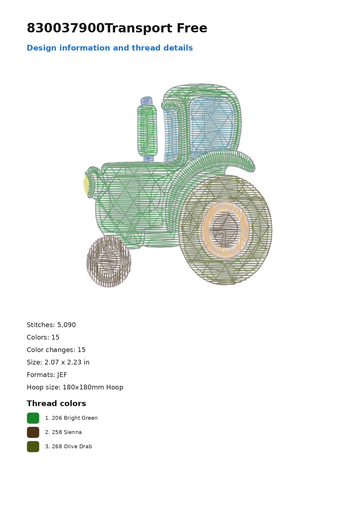 830037900Transport Free free machine embroidery design — 2.07×2.23 in — 5,090 stitches — 15 colors — DST, EXP, JEF, PEC, PES