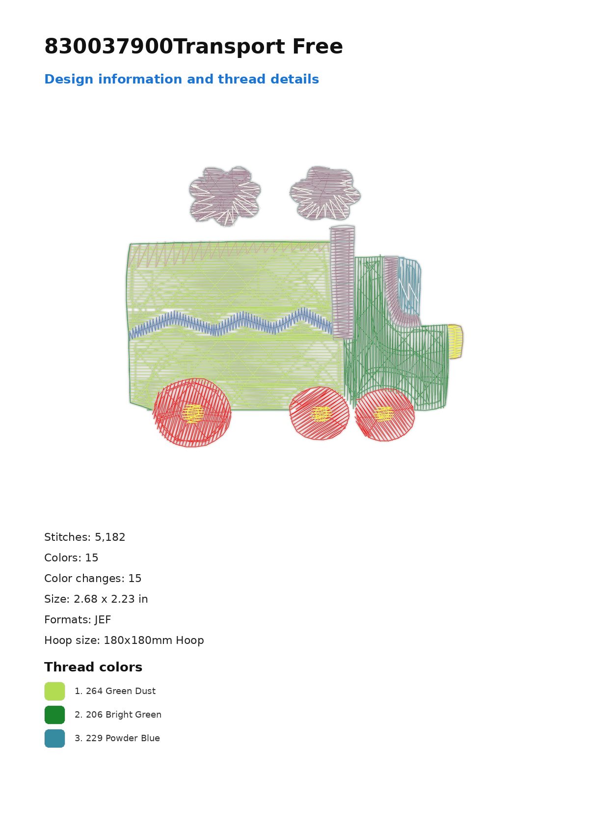 830037900Transport Free free machine embroidery design — 2.68×2.23 in — 5,182 stitches — 15 colors — DST, EXP, JEF, PEC, PES