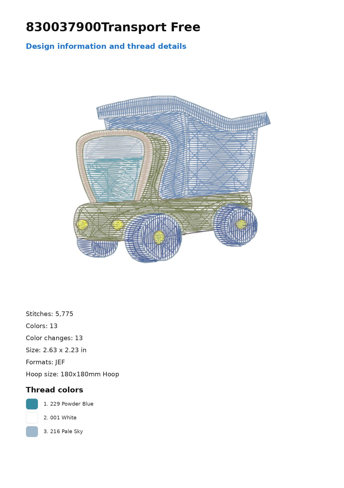 830037900Transport Free free machine embroidery design — 2.63×2.23 in — 5,775 stitches — 13 colors — DST, EXP, JEF, PEC, PES