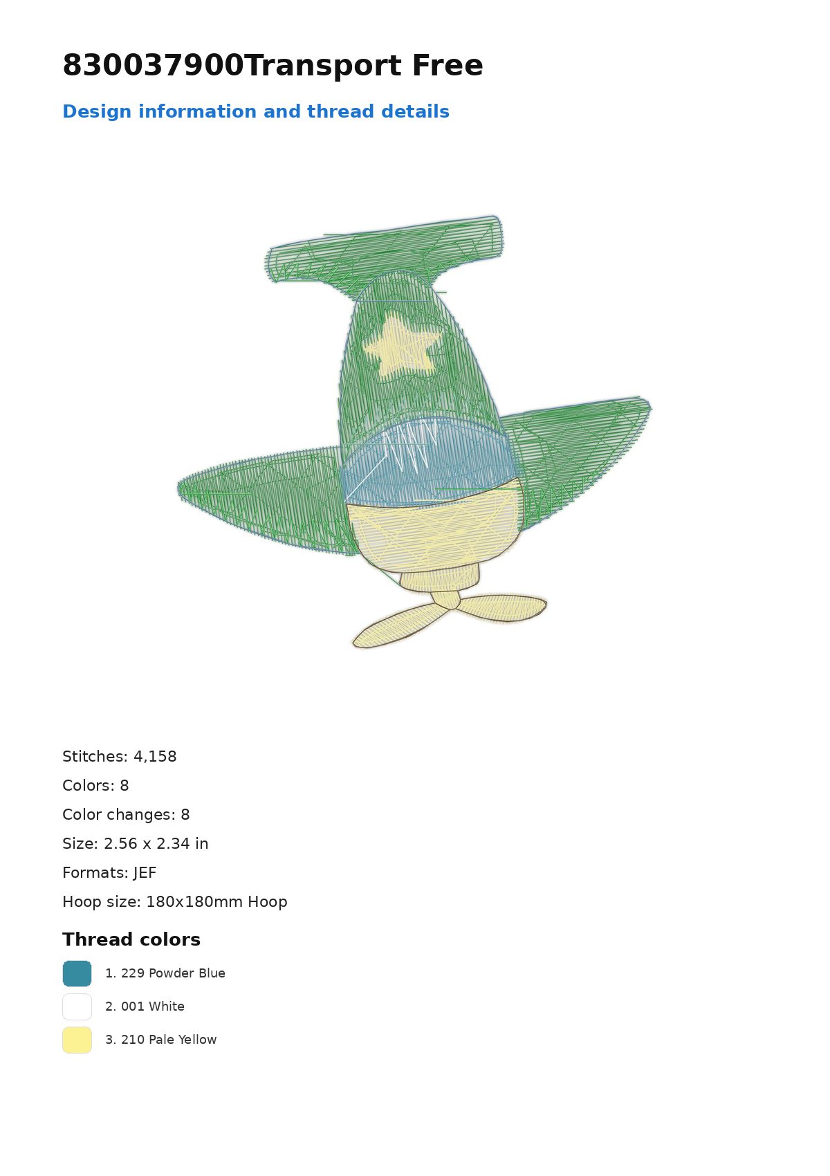 830037900Transport Free free machine embroidery design — 2.56×2.34 in — 4,158 stitches — 8 colors — DST, EXP, JEF, PEC, PES