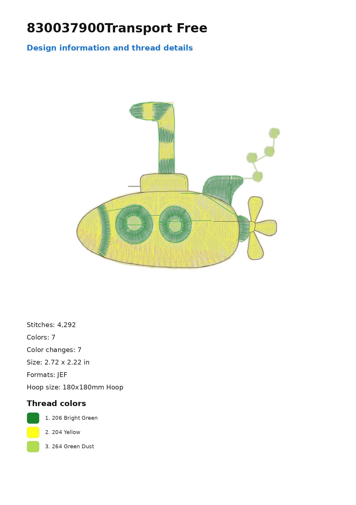 830037900Transport Free free machine embroidery design — 2.72×2.22 in — 4,292 stitches — 7 colors — DST, EXP, JEF, PEC, PES