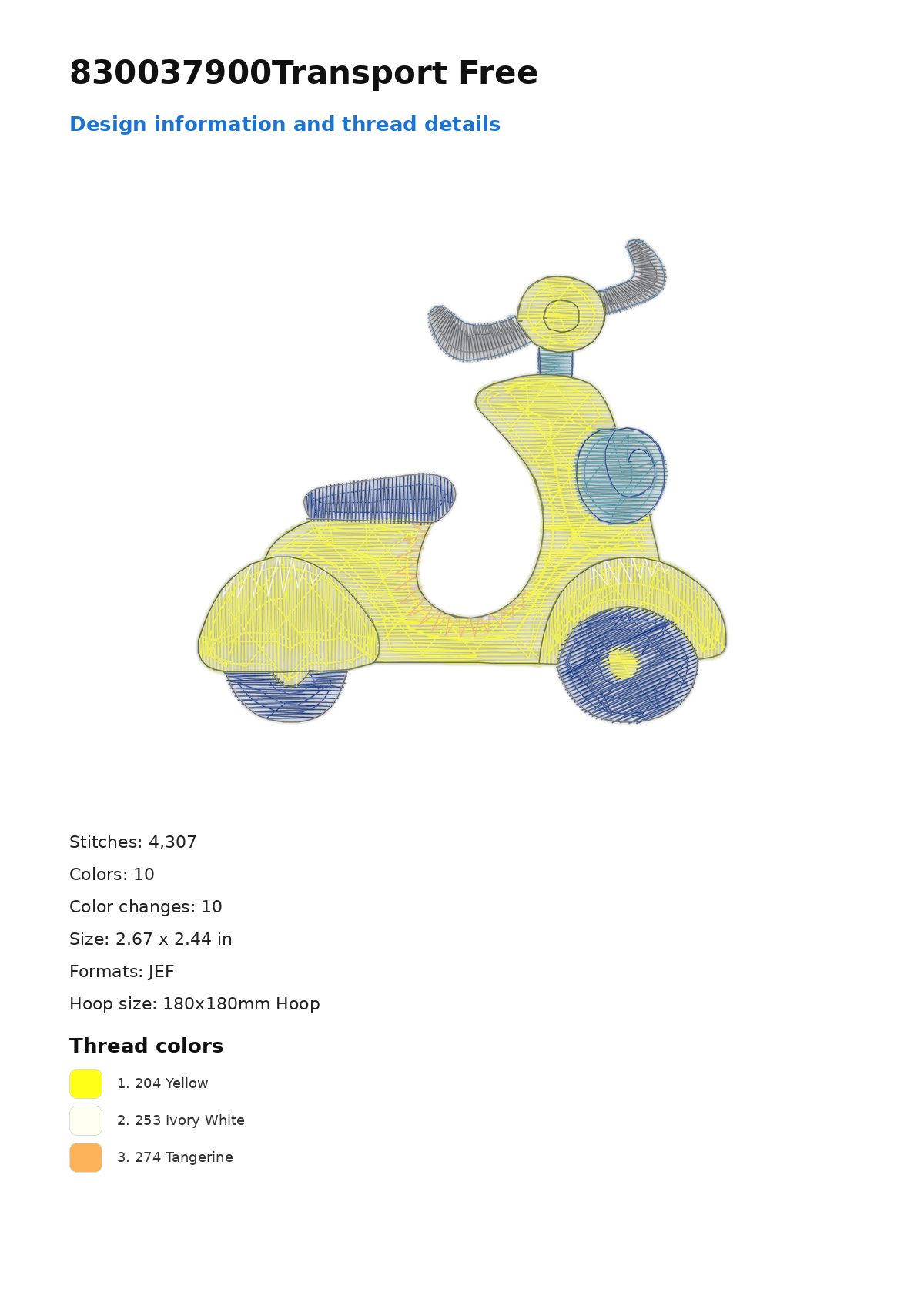 830037900Transport Free free machine embroidery design — 2.67×2.44 in — 4,307 stitches — 10 colors — DST, EXP, JEF, PEC, PES