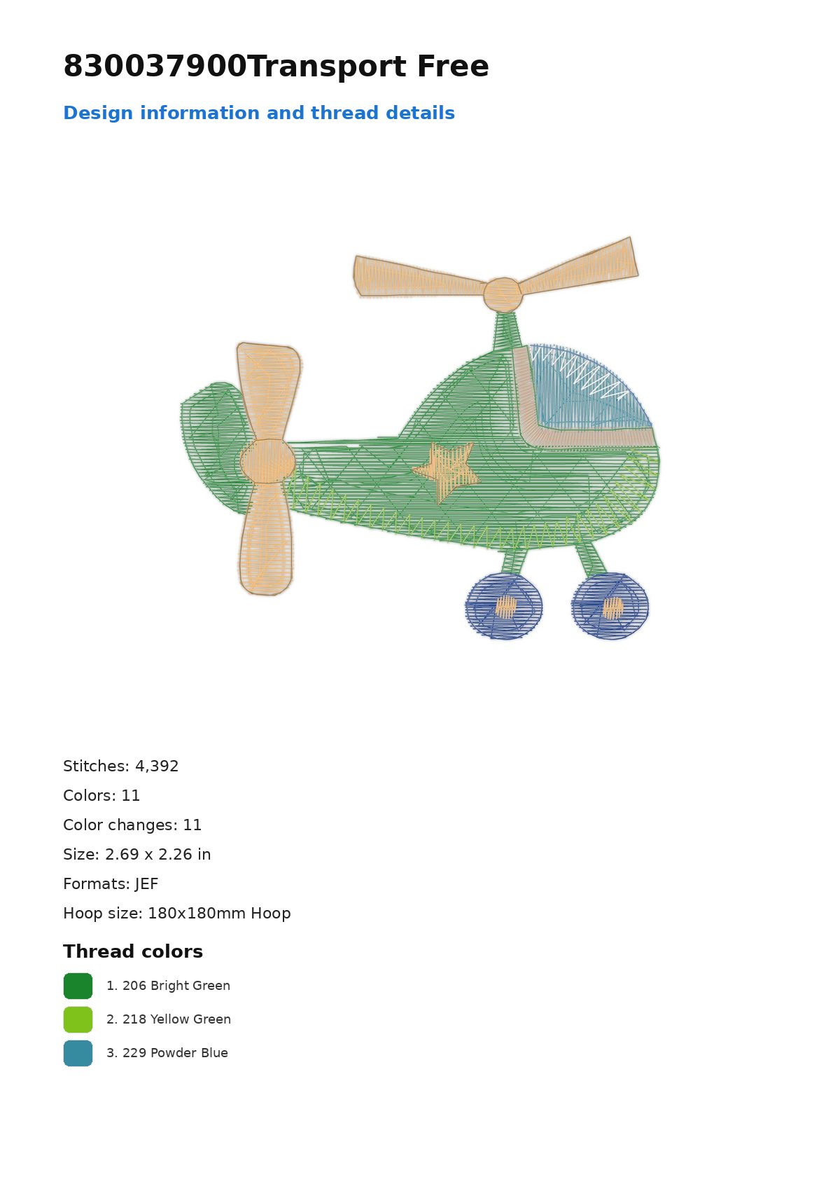 830037900Transport Free free machine embroidery design — 2.69×2.26 in — 4,392 stitches — 11 colors — DST, EXP, JEF, PEC, PES