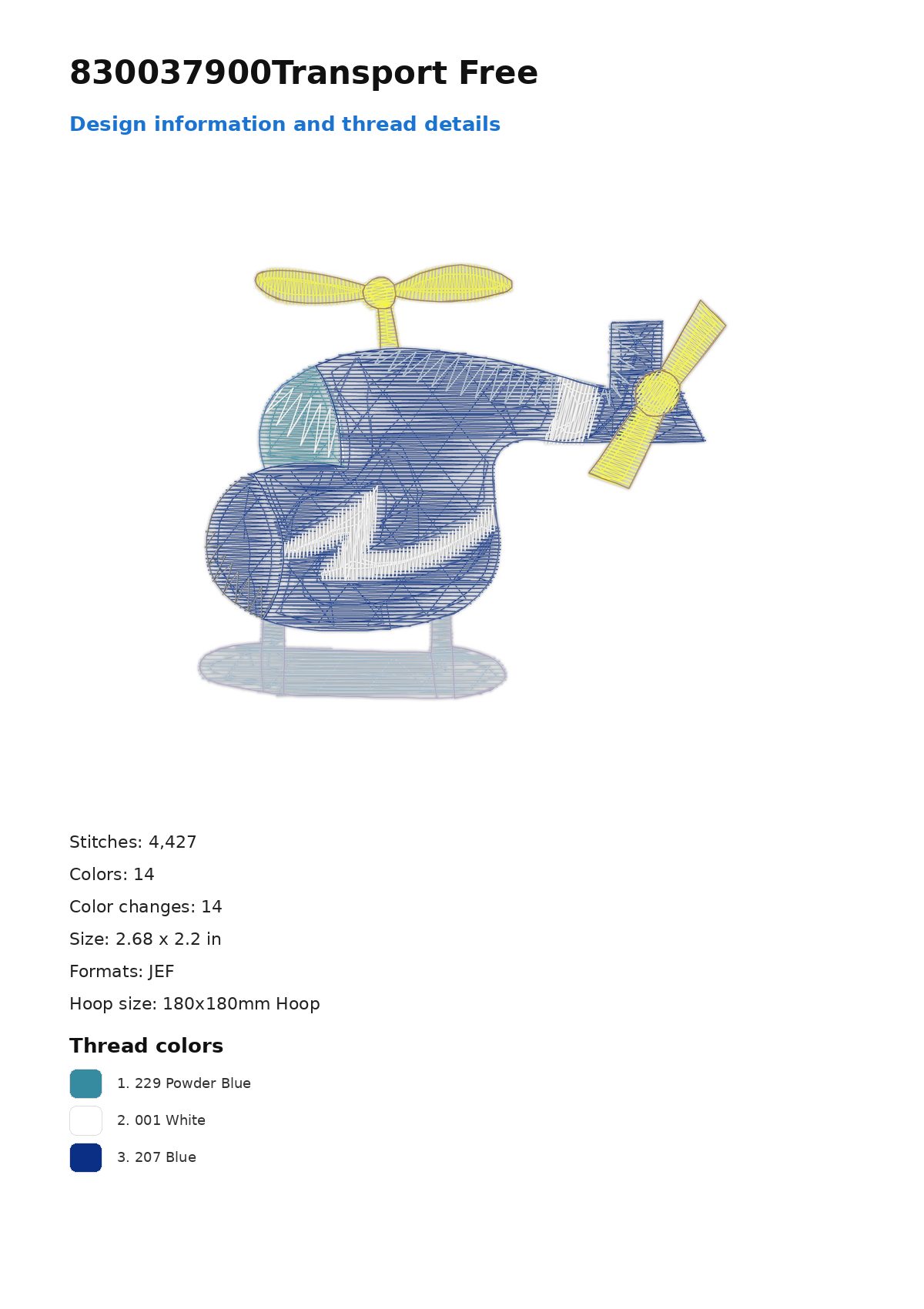 830037900Transport Free free machine embroidery design — 2.68×2.2 in — 4,427 stitches — 14 colors — DST, EXP, JEF, PEC, PES