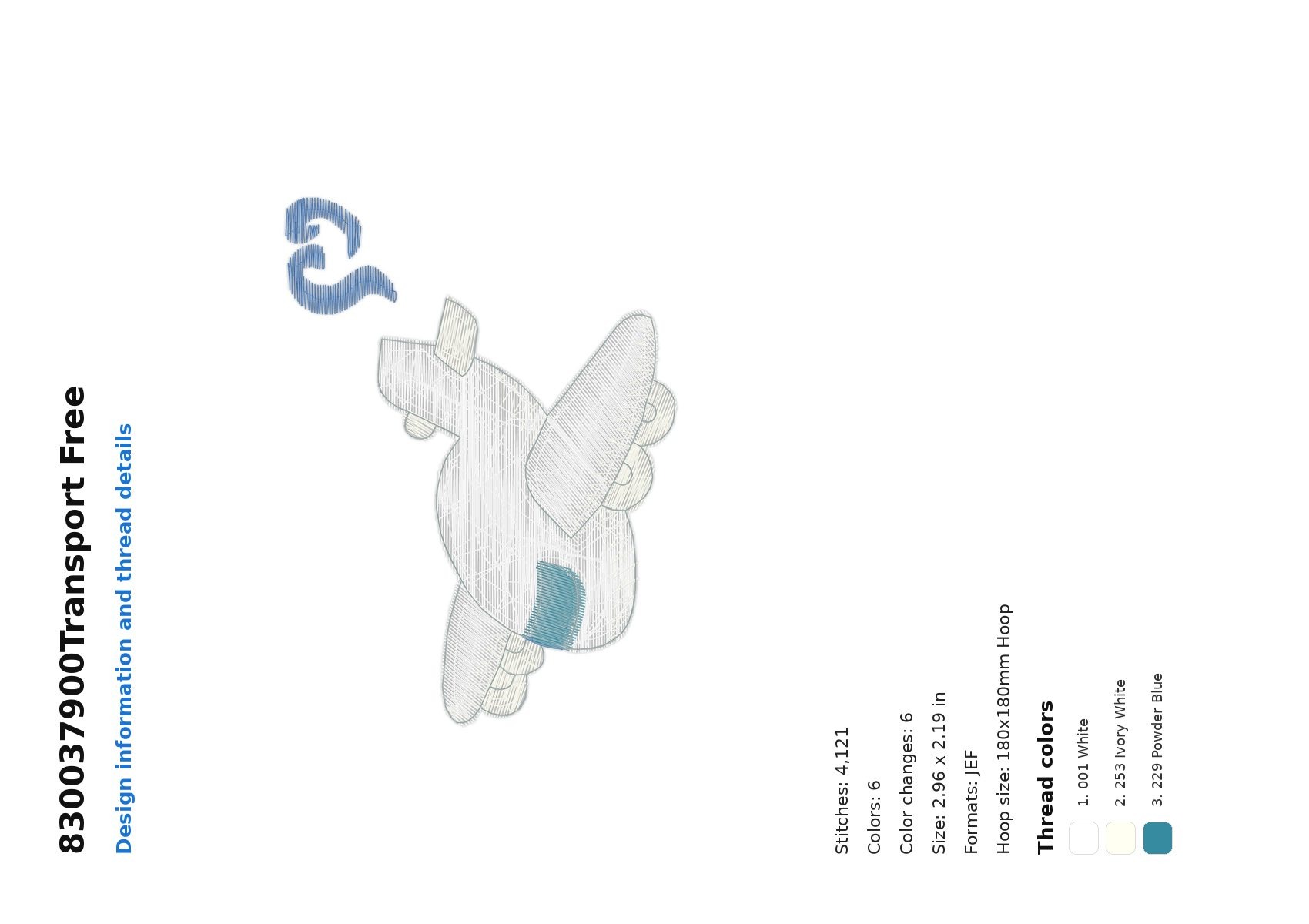 830037900Transport Free free machine embroidery design — 2.96×2.19 in — 4,121 stitches — 6 colors — DST, EXP, JEF, PEC, PES