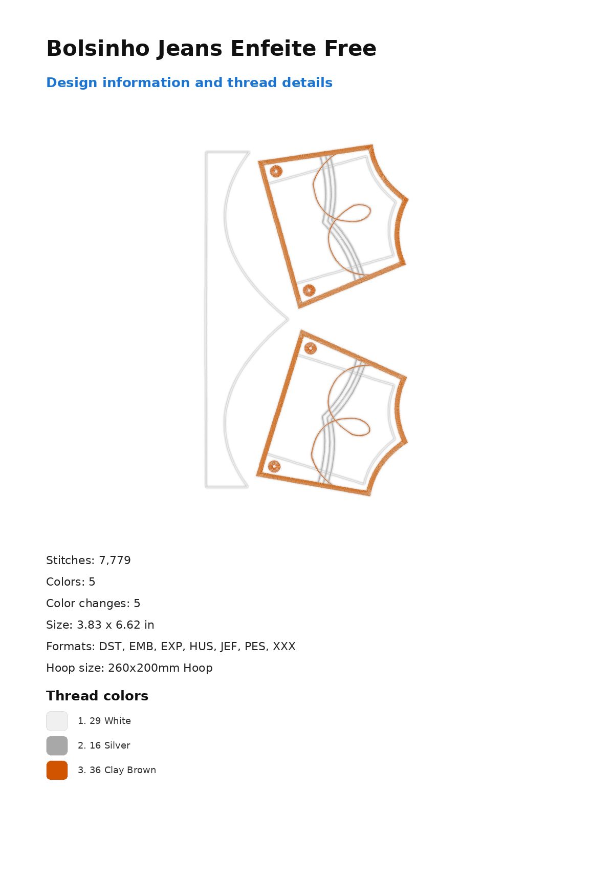 Bolsinho Jeans Enfeite Free free machine embroidery design — 3.83×6.62 in — 7,779 stitches — 5 colors — DST, EMB, EXP, HUS, JEF