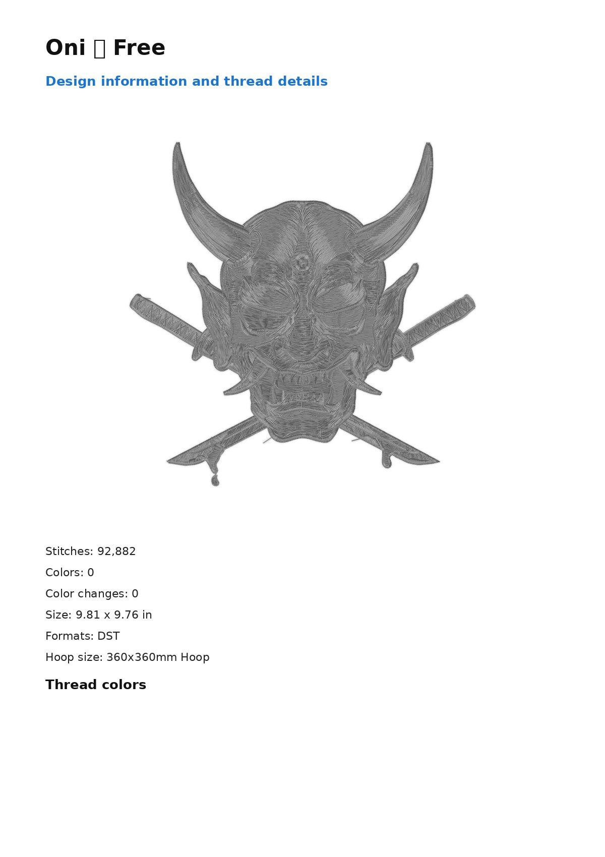 Oni 鬼 Free free machine embroidery design — 9.81×9.76 in — 92,882 stitches — 0 colors — DST, EXP, JEF, PEC, PES