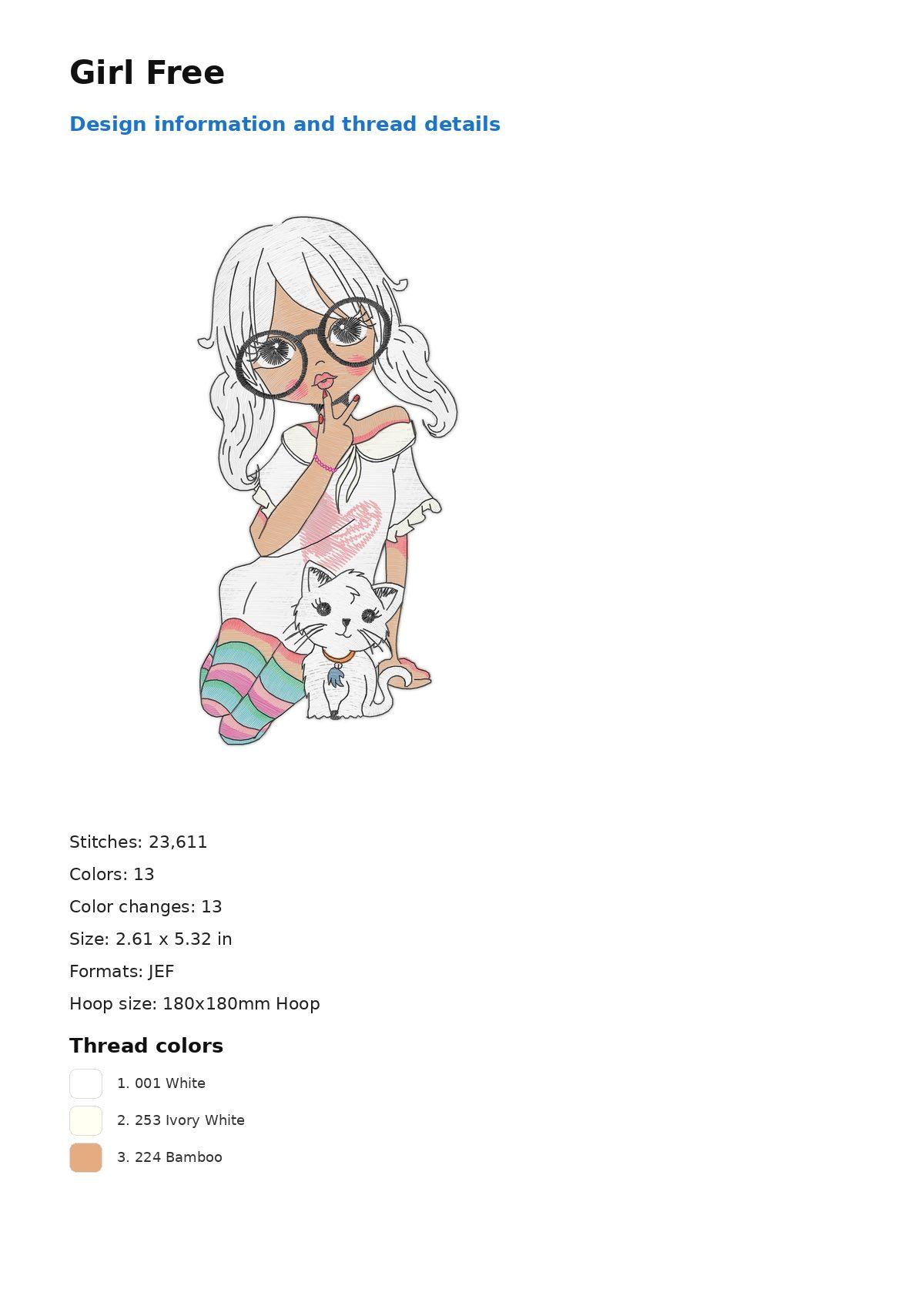 Girl Free free machine embroidery design — 2.61×5.32 in — 23,611 stitches — 13 colors — DST, EXP, JEF, PEC, PES